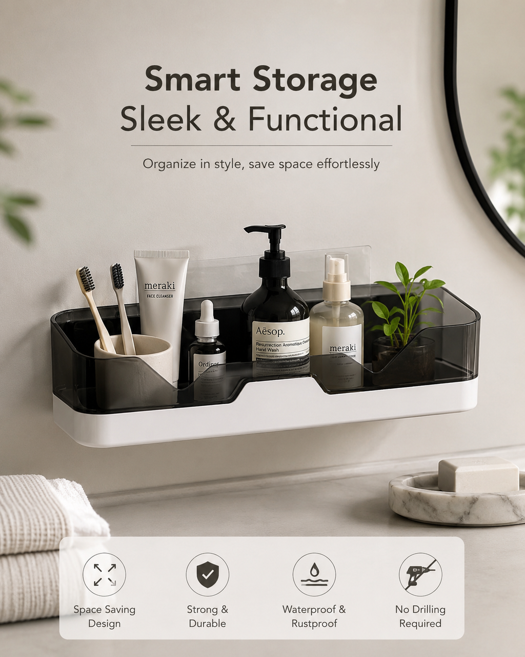2 Pc/ Wall Mounted Self-adhesive Bathroom Shelf