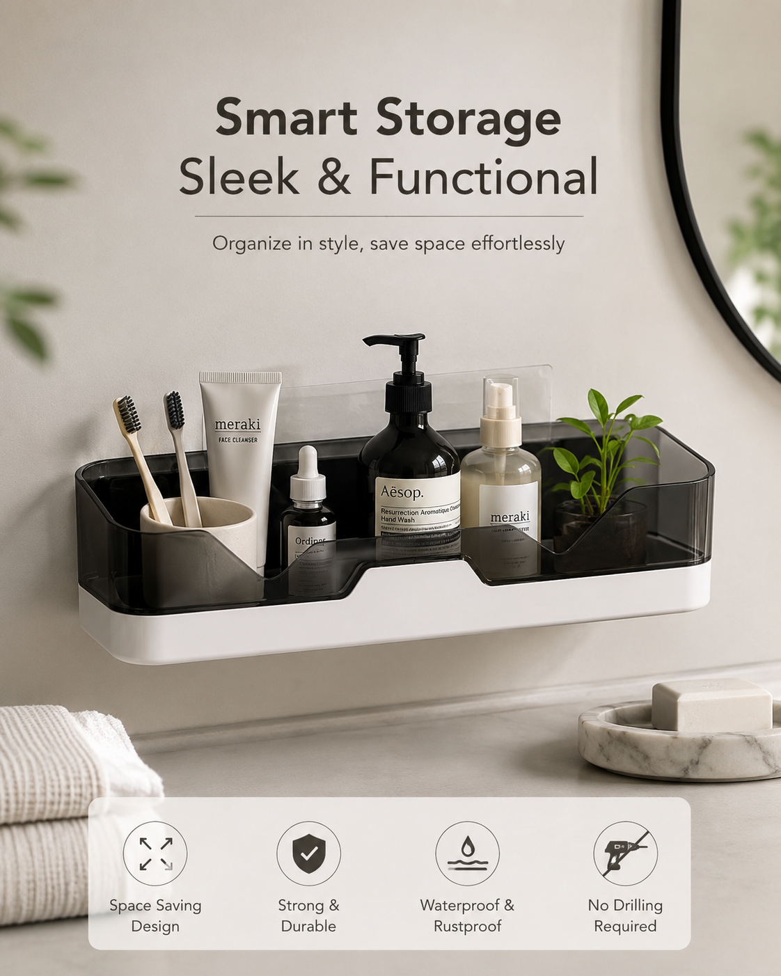 2 Pc/ Wall Mounted Self-adhesive Bathroom Shelf