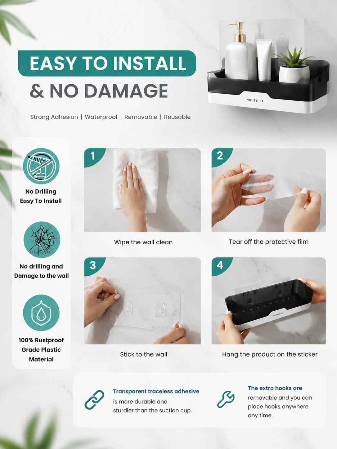 2 Pc/ Wall Mounted Self-adhesive Bathroom Shelf