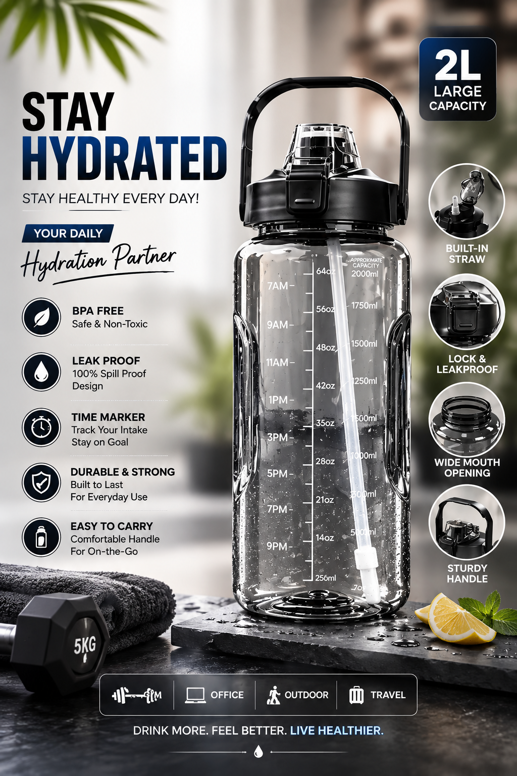 2L Motivational Water Bottle with Straw & Handle