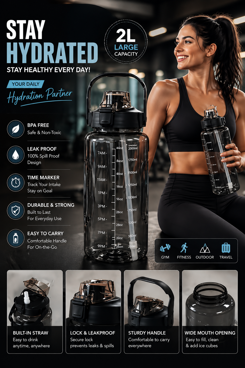 2L Motivational Water Bottle with Straw & Handle