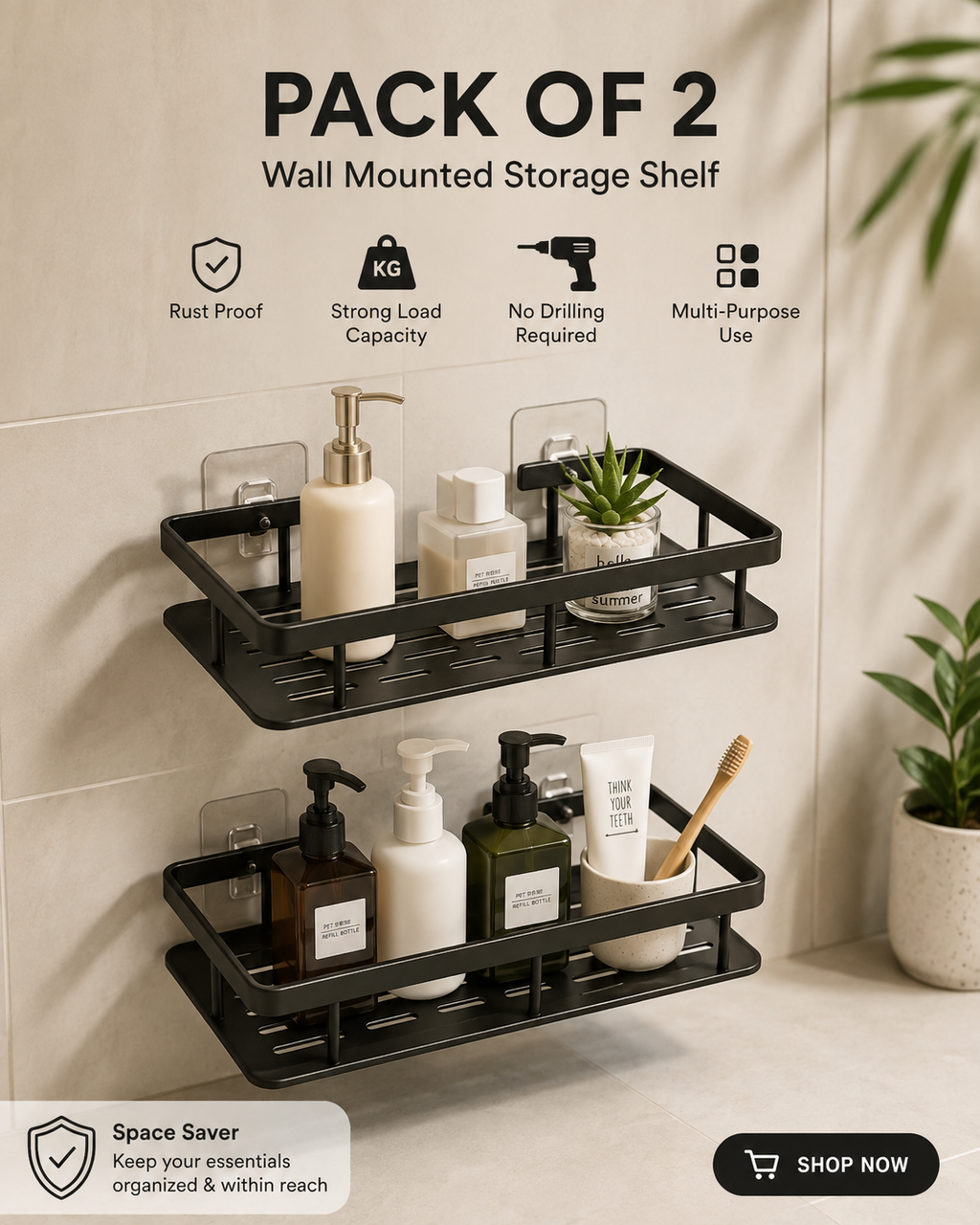 2Pc Wall Mounted Self-Adhesive Bathroom Shelf & Kitchen Rack