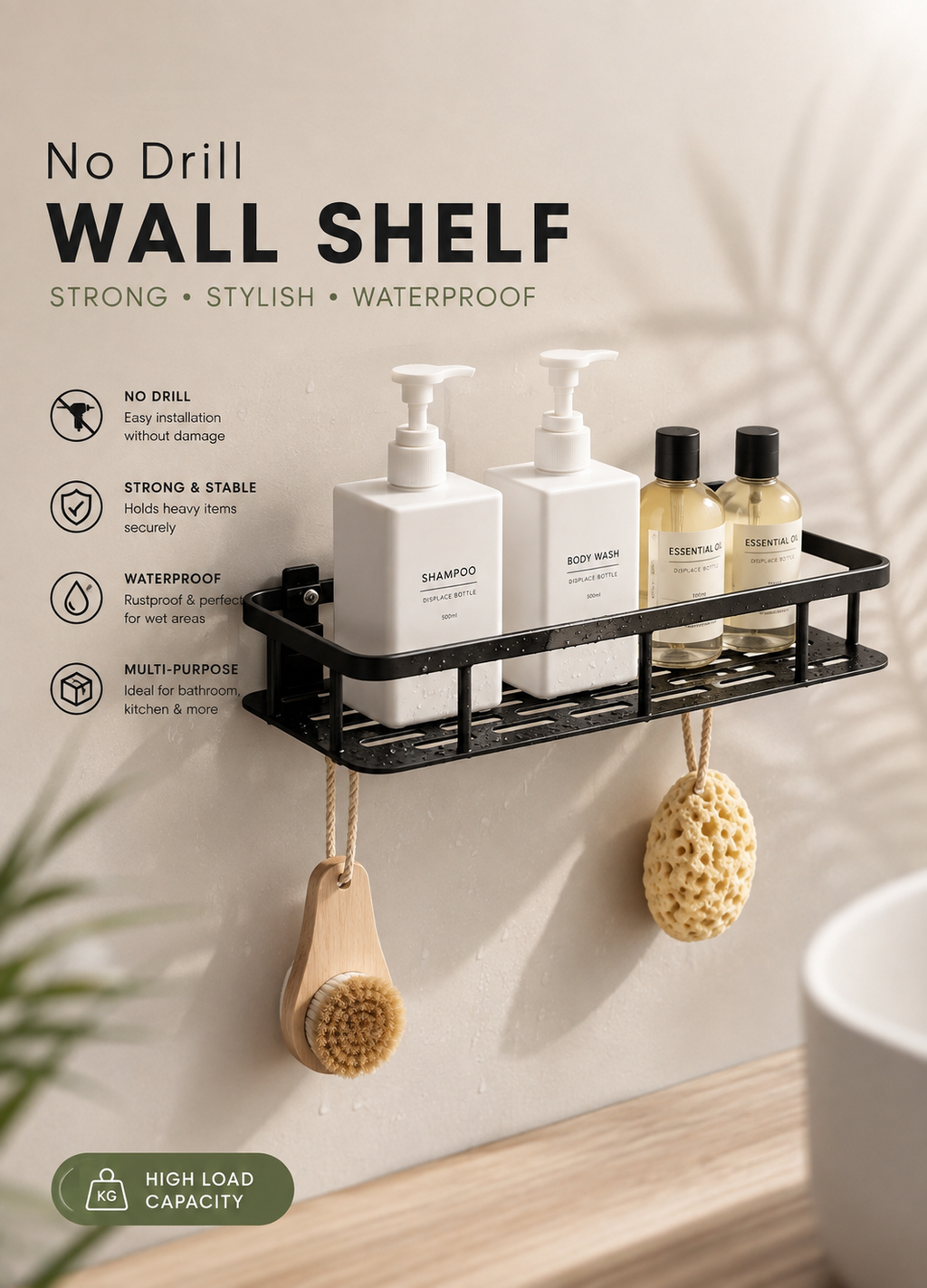 2Pc Wall Mounted Self-Adhesive Bathroom Shelf & Kitchen Rack