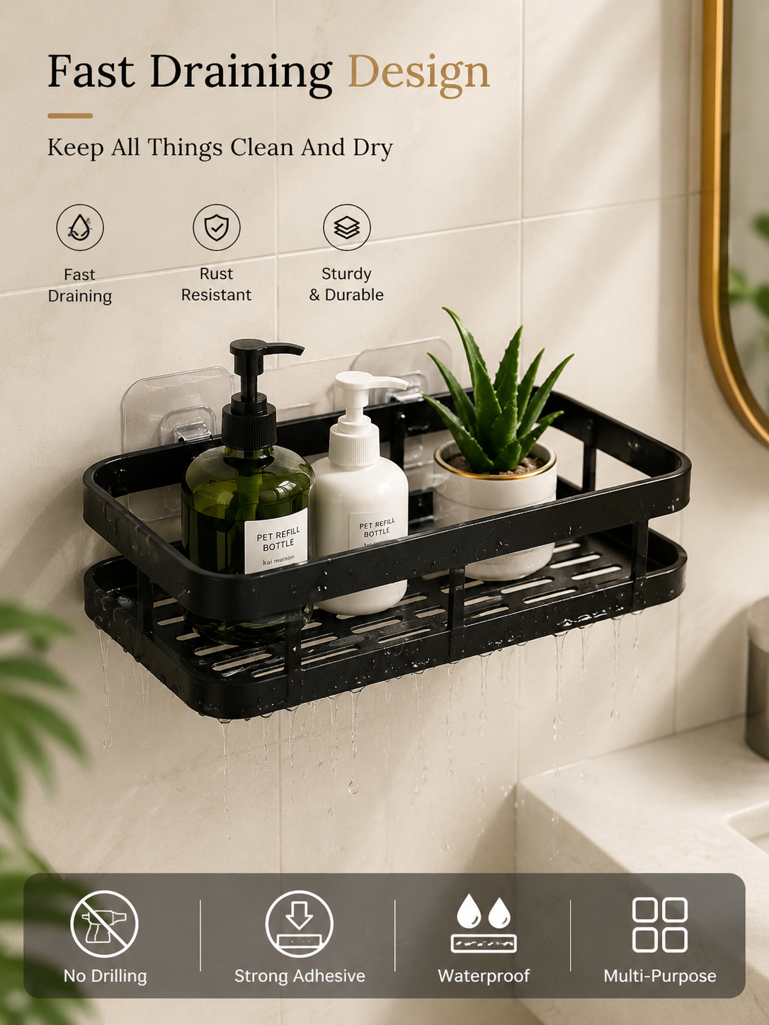 2Pc Wall Mounted Self-Adhesive Bathroom Shelf & Kitchen Rack